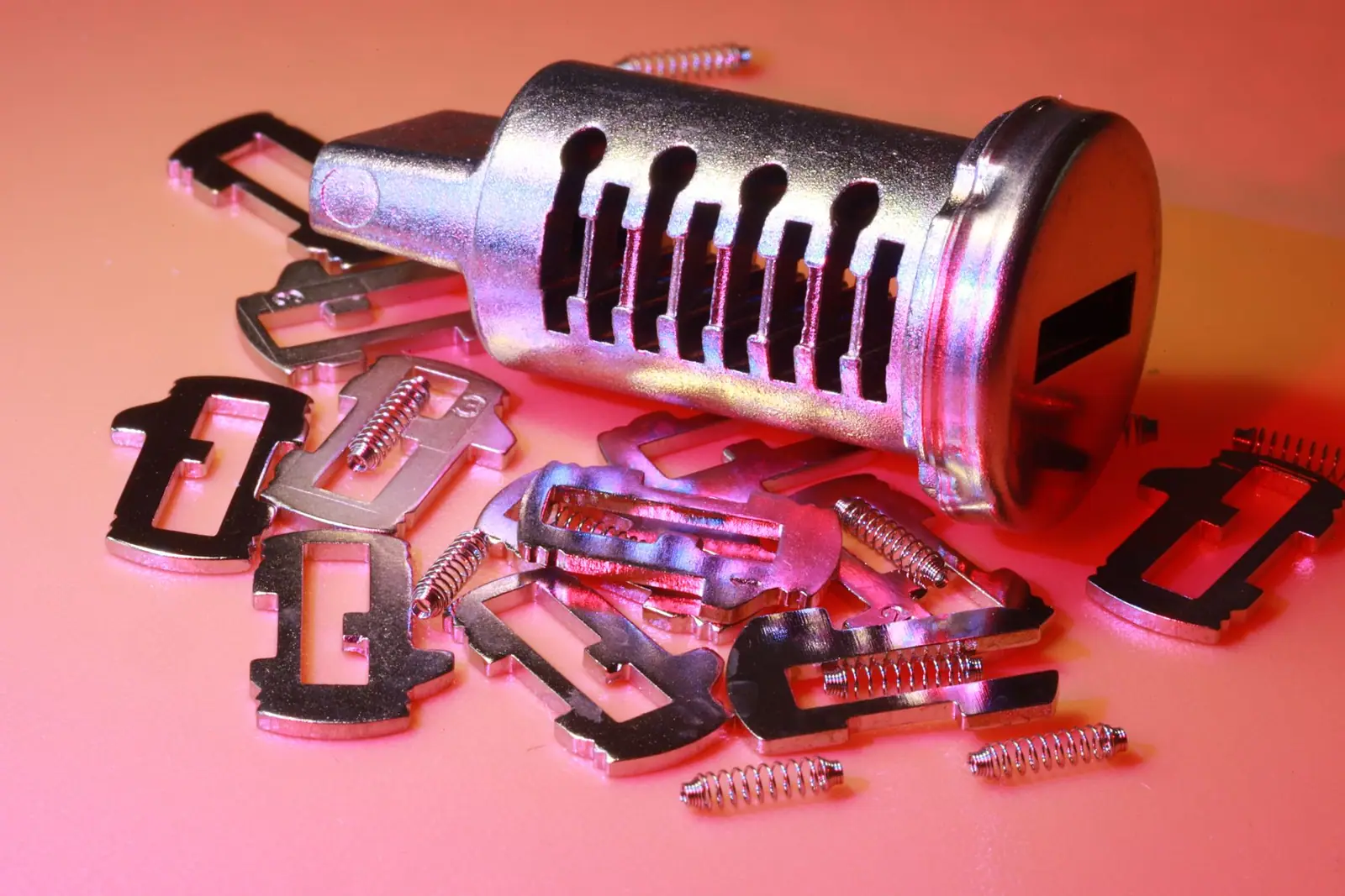 A disassembled silver lock cylinder beside springs and flat metal lock components
